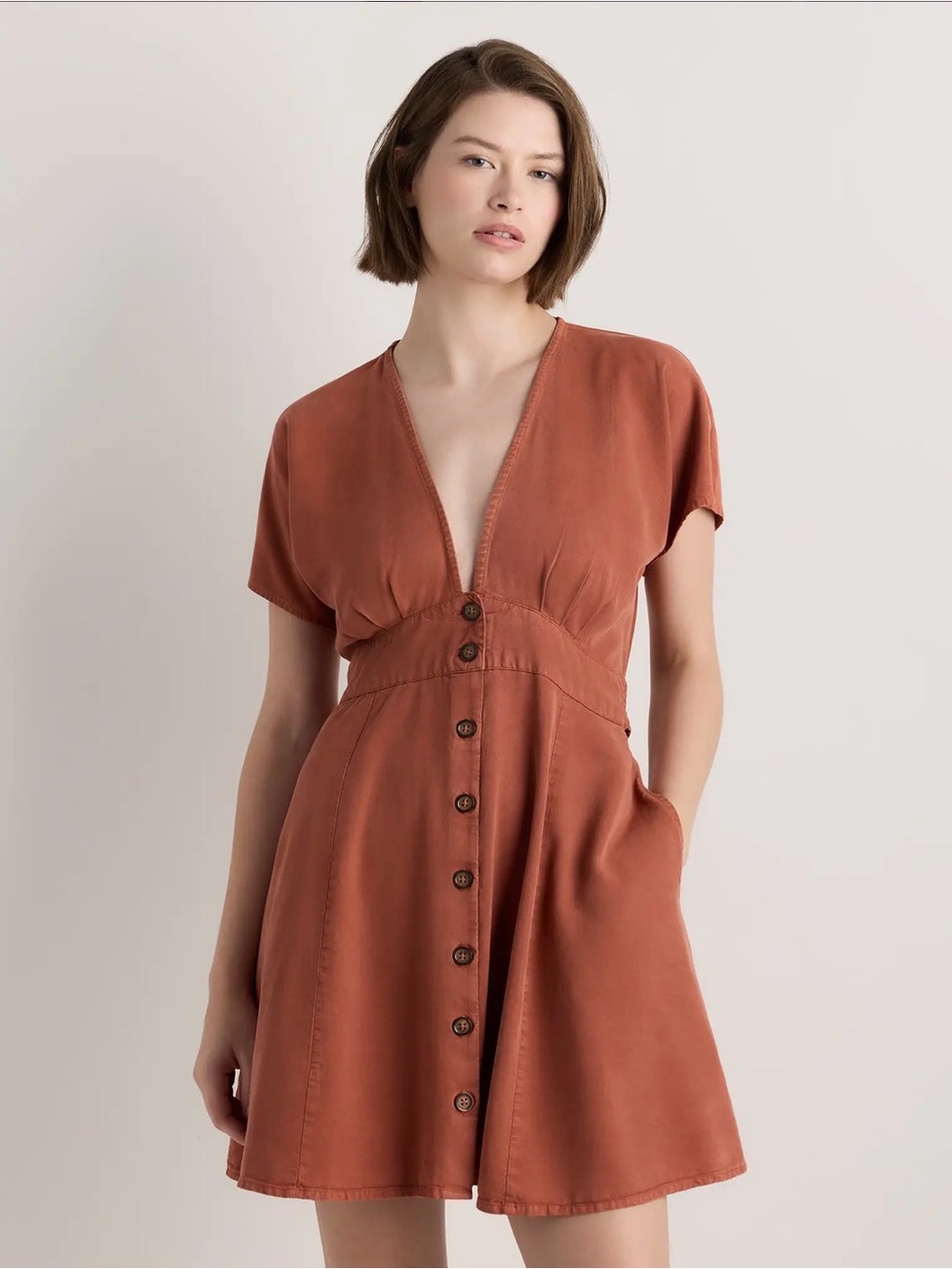 NWT Quince Vintage Wash Tencel Button Front Dress Terracotta Rust XS Boho
